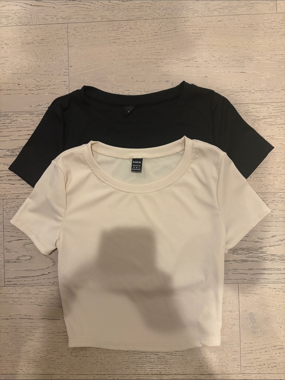 SHEIN Black & Cream Ribbed Short Sleeve Crop Tops Duo